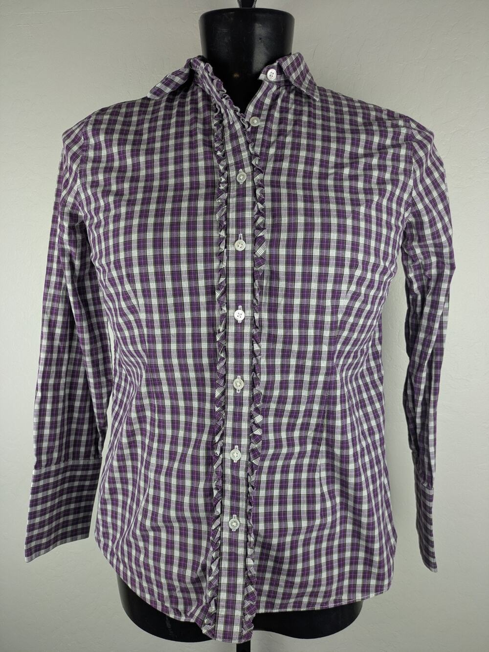 Lands' End Purple Plaid Ruffle Button Front Long Sleeve Cotton Shirt